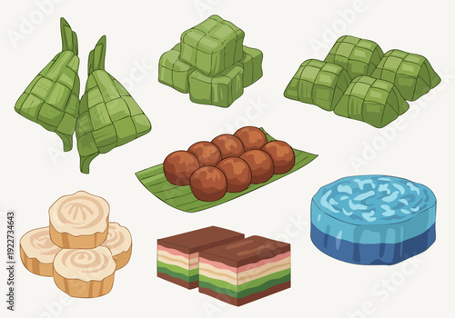 Cartoon Style Delicious Indonesian Kue Sweet Dessert Food Illustration Set