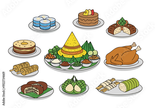 Flat Illustration Indonesian Festive Traditional Food Dishes Culinary Art