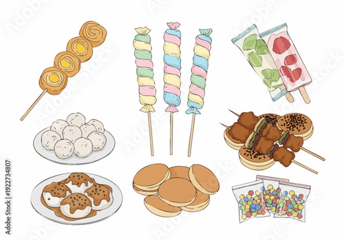 Line Art Delicious Traditional Snack and Dessert Food Illustration