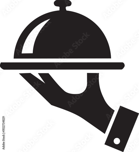 Black icon of a hand holding a silver cloche or food dome on a platter, symbolizing fine dining or service.