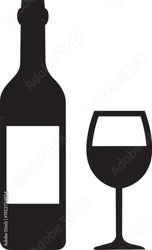 Minimalist black icon of a wine bottle with a blank label and a wine glass, ideal for beverage and lifestyle concepts.