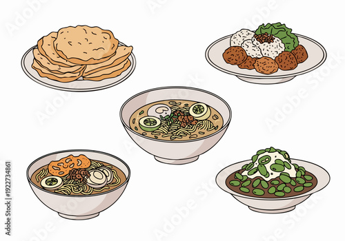Detailed Lineart Variety of Indonesian Food Dishes Illustration Cuisine