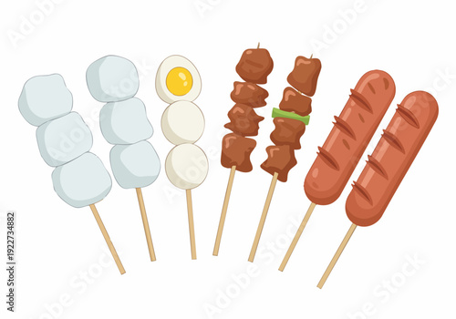 Flat Illustration Various Skewered Grilled Meat Snack Food Set