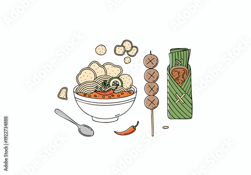 Handdrawn Delicious Meatball Soup Complete with Condiments and Side Dish Illustration