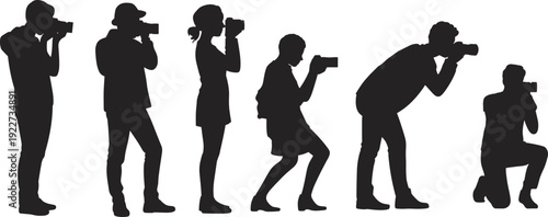 Set of photographer silhouettes with cameras in various poses capturing images representing professional photography, media production and creative shooting concept in vector style