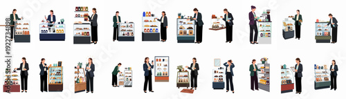 Professional women managing various tasks in a modern cafe and bakery setting.