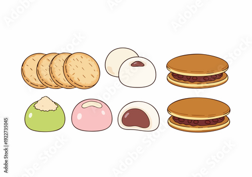 Flat Lay Illustration of Various Traditional Japanese Sweet Treats Delicious Dessert