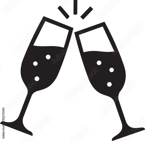 Dynamic black icon of two champagne flutes clinking together, symbolizing celebration, toasts, and special occasions.