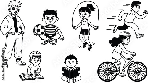 Flat line art active kids jumping skipping reading cycling and playing soccer in playful vector set with clean outline style