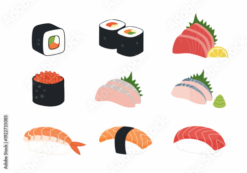 Flat Design Delicious Japanese Sushi Food Cuisine Illustration Set