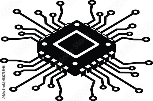 Flat design isometric microchip top view with radial circuit traces close up high contrast black and white vector icon detail