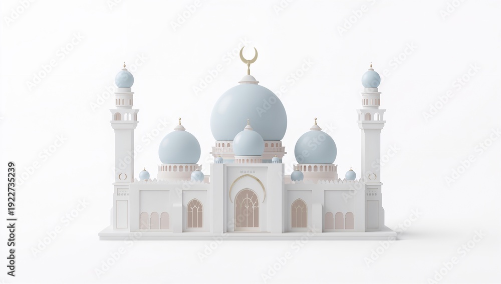 Obraz premium A stunning, clean and minimalistic view of a mosque. The sky-blue domes are illuminated by the natural sunlight, the golden crescent moon on top providing a beautiful contrast.
