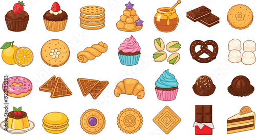 Assorted Bakery and Sweet Snack Vector Collection Featuring Cookies Cupcakes Waffles Honey Chocolate and Traditional Desserts for Cafe and Menu