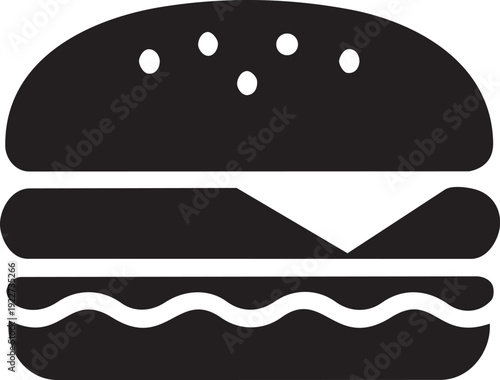 Simple black icon of a classic hamburger with cheese, bun, and patty, representing fast food and casual dining.
