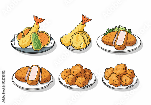 Handdrawn Delicious Assorted Fried Food Dish Illustration for Menu Design