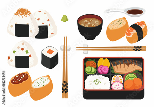Flat Illustration of Japanese Food Sushi Bento and Rice Ball Set