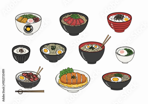 Handdrawn Delicious Various Noodle and Rice Bowl Asian Food Set Illustration