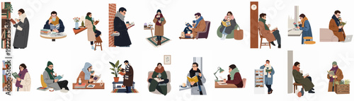 Cozy Reading Collection: Diverse individuals enjoy books and warm drinks indoors, showcasing relaxation, intellectual pursuits, and comfortable winter moments in various settings.