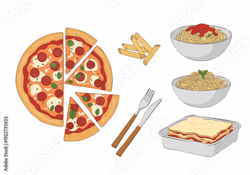 Colorful Flat Illustration of Pizza, Pasta, Fries and Lasagna Food Set