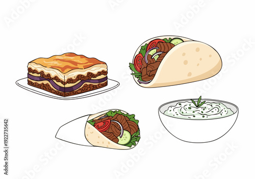 Lineart Detailed Mediterranean Food Illustration Set with Traditional Dishes