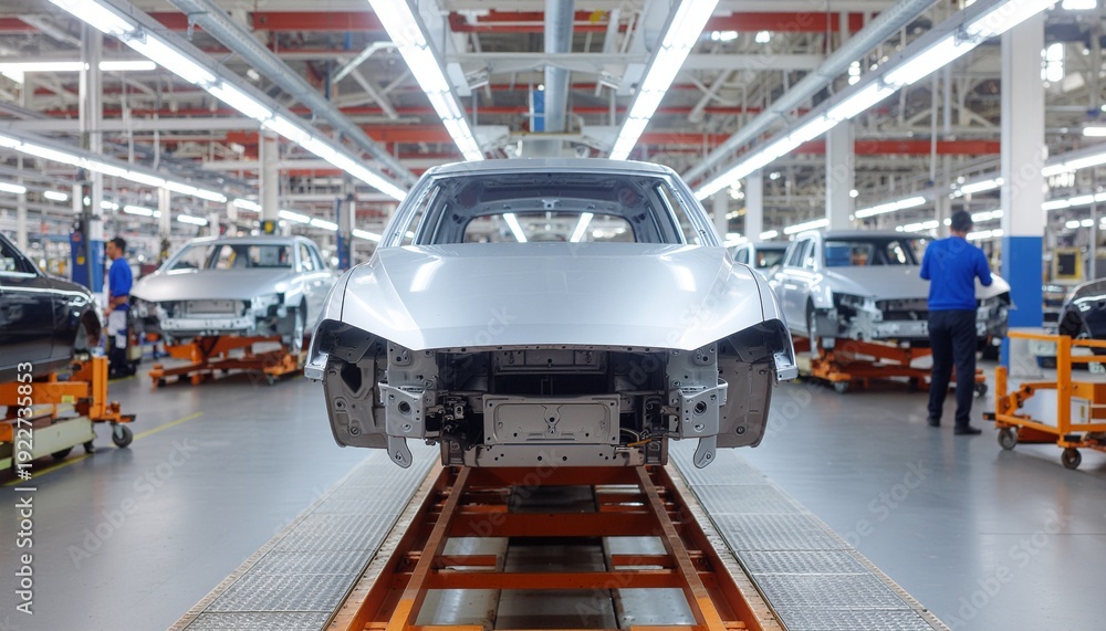 Naklejka premium Modern automotive assembly line with car body on conveyor belt inside car manufacturing factory