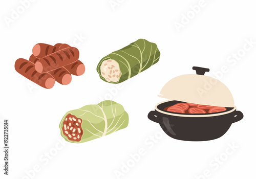 Flat Style Various Delicious Cabbage Roll Meat Cooking Illustration