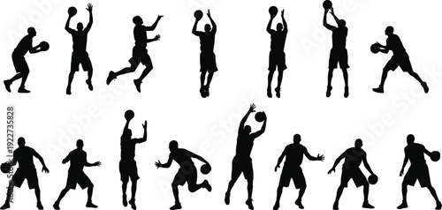 Black silhouette of professional basketball players in different poses like dribbling shooting and jumping isolated on white background for sports competition and athletic training.
