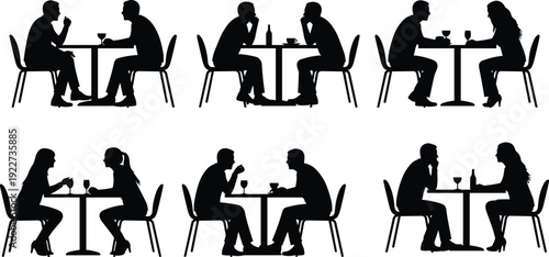 Black silhouette of diverse couples and friends sitting at restaurant tables drinking wine and coffee while talking together in a cafe or bistro setting.