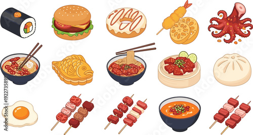 Asian Street Food Icon Set with Sushi Ramen Dumplings Skewers and Traditional Dishes Illustration