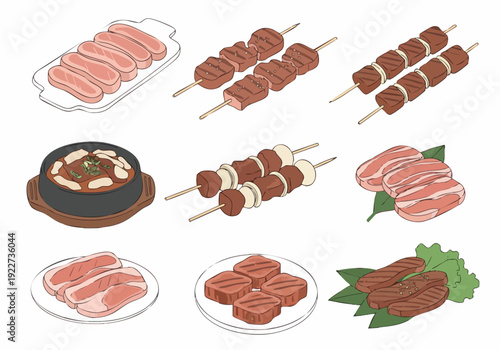 Isometric Handdrawn Meat Illustration on Plate and Skewer Delicious Food