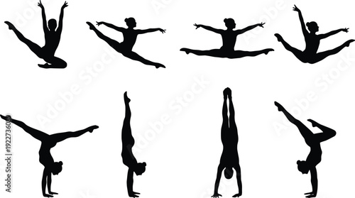 Black silhouette of professional female gymnasts performing various athletic poses like handstands and splits isolated on white background for sports competition and fitness training.