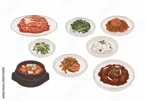 Detailed Flat Illustration Variety of Korean Side Dishes Food Set