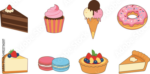Sweet dessert icon set featuring cake cupcake ice cream donut cheesecake macarons fruit tart pie bakery treats colorful food illustration