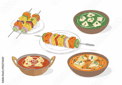 Handdrawn Delicious Paneer Dishes and Skewers Indian Cuisine Illustration