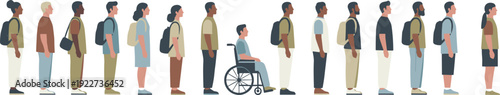 Diverse group of multiracial people and students including a person in a wheelchair standing in a long queue for inclusive community representation and equality.
