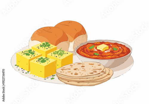 Flat Lay Delicious Street Food Dish Cuisine with Dhokla Pav Bhaji Chapati