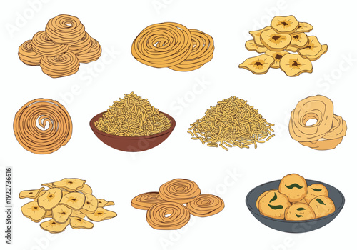 Colorful Handdrawn Variety Chakli Namkeen Traditional Snack Food Set Illustration
