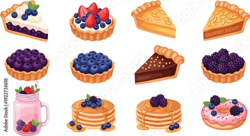 Berry Dessert and Pie Illustration Set with Blueberry Pancakes Tarts and Sweet Bakery Treats