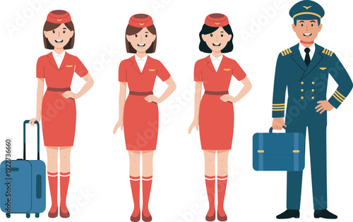 Airline staff characters including flight attendants and pilot in uniform with luggage isolated for aviation service travel illustration and design