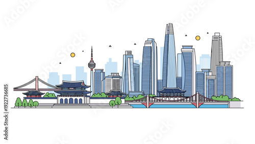 Detailed line art illustration of the Seoul city skyline featuring traditional palaces, the N Seoul Tower, and modern skyscrapers.