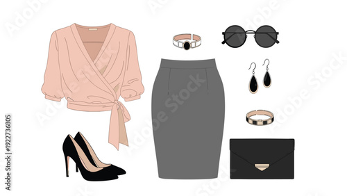 Stylish flat lay of a women's professional outfit including a pink wrap top, grey skirt, black heels, and chic accessories.