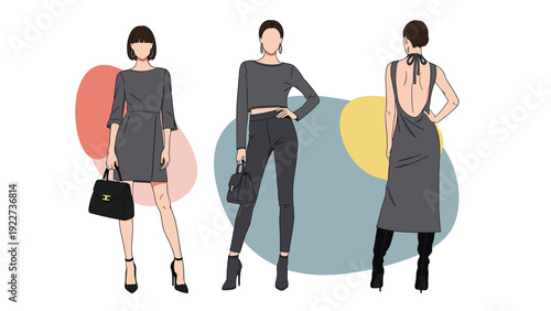 Trio of female models showcasing three different stylish grey outfits against a background of soft colored organic shapes.