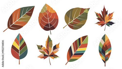 Decorative collection of colorful autumn leaves with unique geometric patterns and various shapes, perfect for fall season graphics.