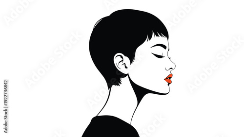 Minimalist black and white profile of a beautiful young woman with a short pixie haircut and bright red lips.