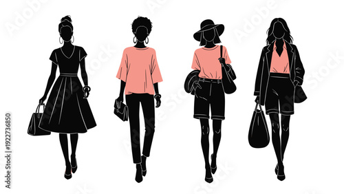 Fashionable silhouettes of women in various stylish outfits like dresses and shorts with coral accents, isolated on white.