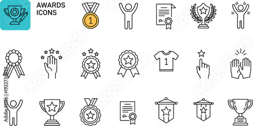 Awards and Achievement Line Icon Set with Trophies Medals Certificates and Winner