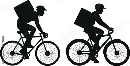 Bicycle courier delivery rider silhouettes with backpack riding bike in urban transport concept isolated on white background for logistics service design