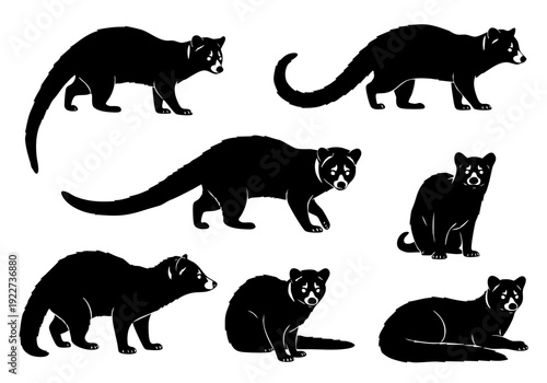 Silhouette Various Civet Poses Isolated Wild Animal Icon Set Illustration