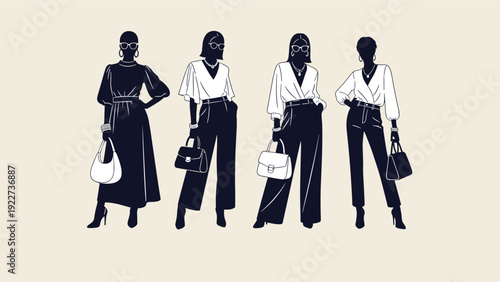 Black and white fashion silhouettes of four stylish women wearing trendy outfits and carrying handbags on a light background.