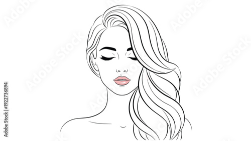 Minimalist line art drawing of a beautiful woman with long flowing hair and delicate pink lips, elegant beauty and fashion art.